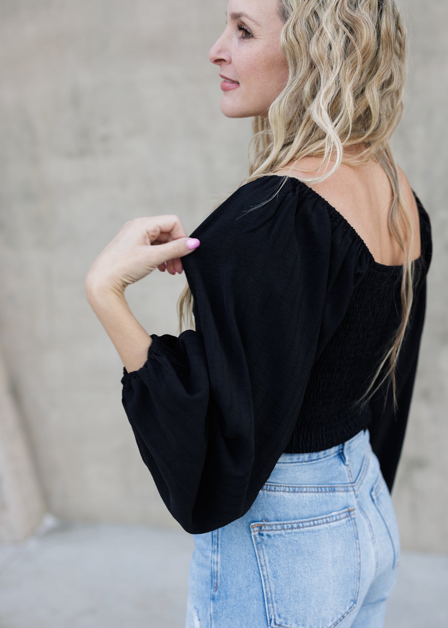 Smocked Puff-Sleeve Top